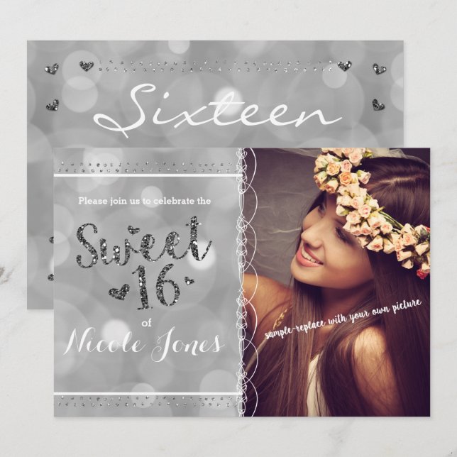 SWEET 16 Parties scintillant d'argent Invitation p (Devant / Derrière)