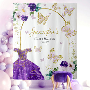 Sweet 16 Party Backdrop - Butterfly Floral Dress Tapestry