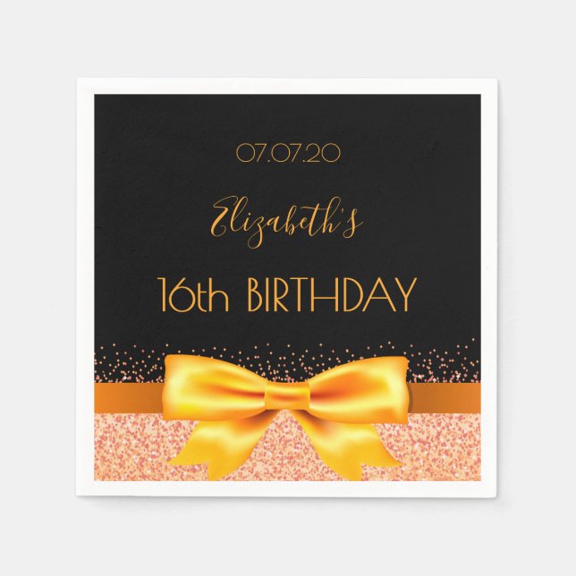 Sweet 16 party black gold name napkin (Front)