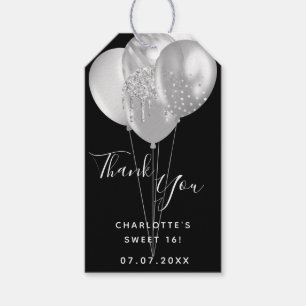 Sweet 16 party black silver balloon thank you gift tags