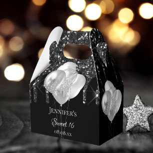 Sweet 16 party black silver glitter drips balloons favor box