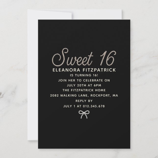 Sweet 16 Party Black White Pearl Script Bow Invitation (Front)