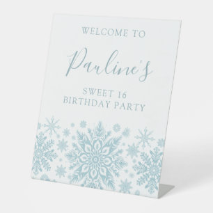 Sweet 16 Party Blue White Snowflake Welcome  Pedestal Sign