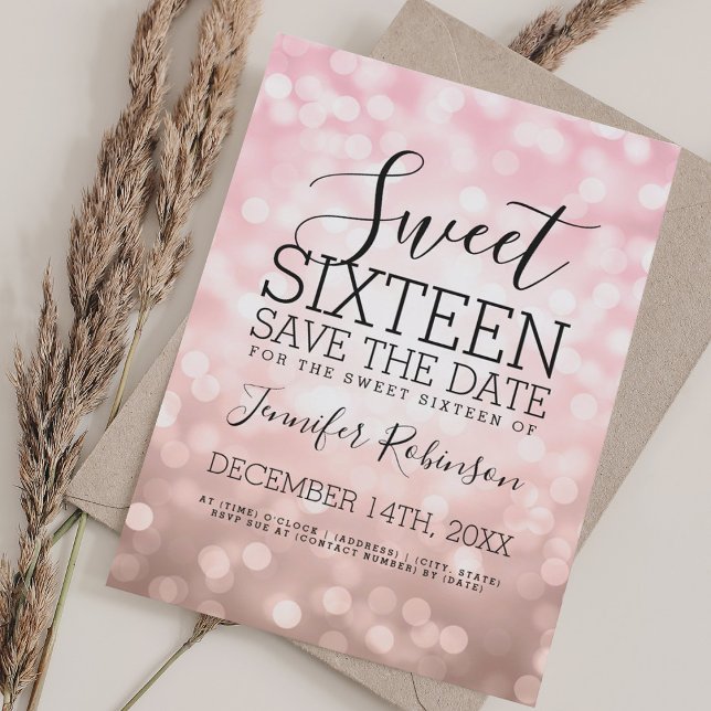 Sweet 16 Party Blush Pink Glitter Lights Save The Date (Sweet 16 Party Blush Pink Glitter Lights Save The Date)