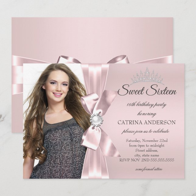 Sweet 16 Party blush Pink Photo Diamond Bow Tiara Invitation (Front/Back)
