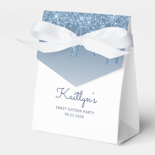 Sweet 16 Party Elegant Blue Glitter Drip Script Favor Box (Front Side)