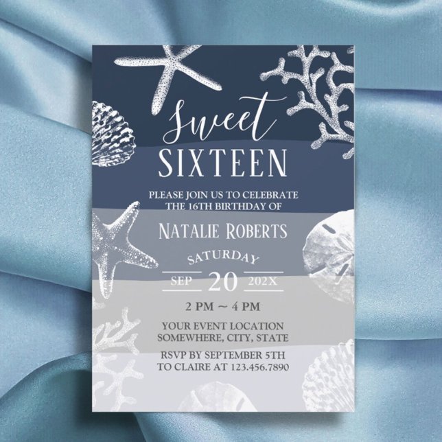 Sweet 16 Party Elegant Navy Blue Beach Starfish Invitation (Creator Uploaded)