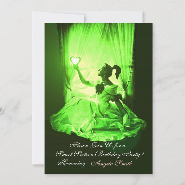 SWEET 16  PARTY,EMERALD GREEN BLACK DAMASK INVITATION (Front)