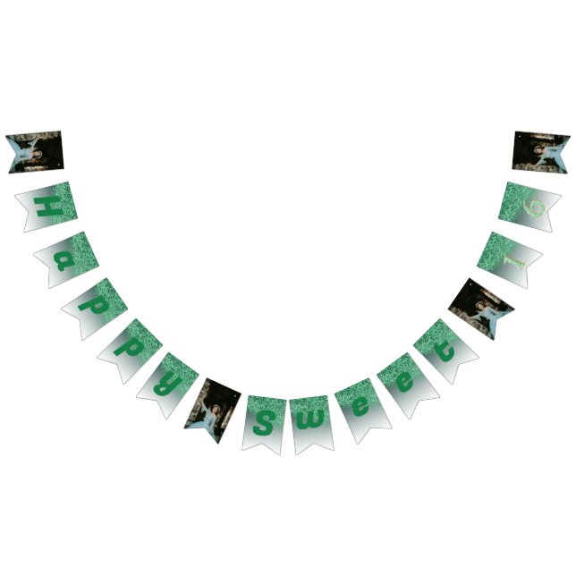Sweet 16 Party, Falling Green Glitter & 4 Photos Bunting Flags (All)