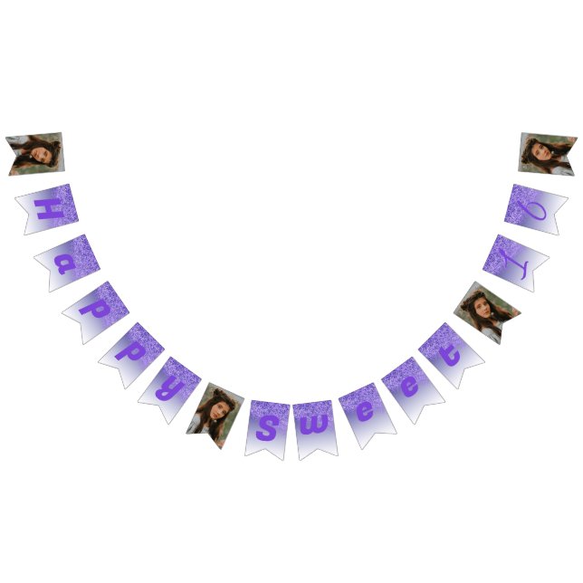 Sweet 16 Party, Falling Purple Glitter & 4 Photos Bunting Flags (All)
