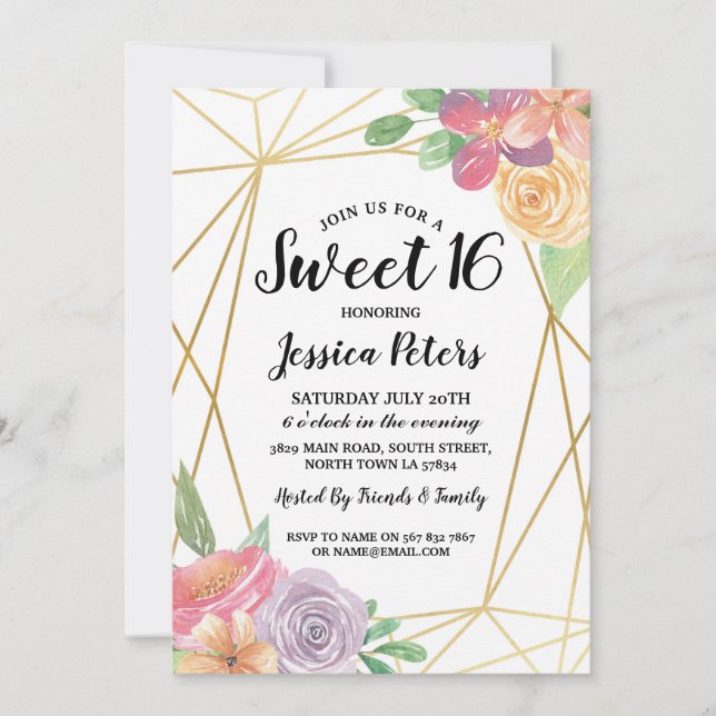 Sweet 16 Party Floral Gold Frame Invitation été (Devant)