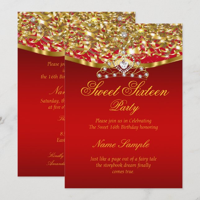 Sweet 16 Party Glitter Red Gold Invitation (Front/Back)