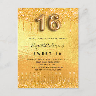 Sweet 16 party gold glitter drips glam invitation postcard