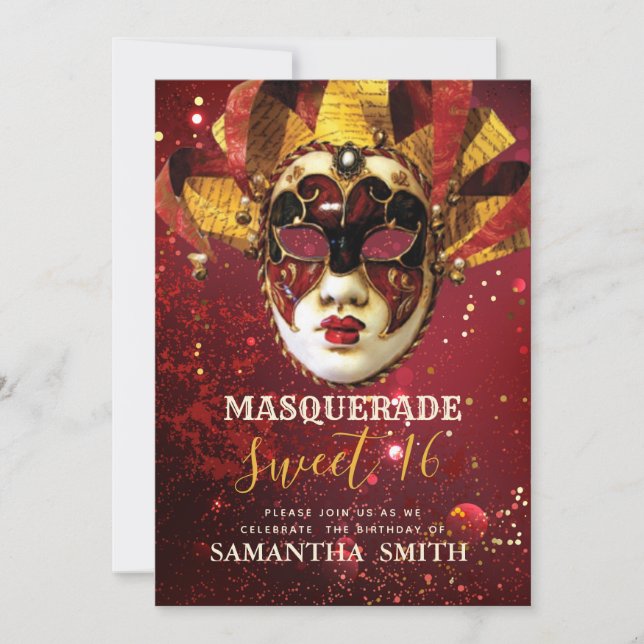 Sweet 16 Party Gold Masquerade Mask Invitation (Front)