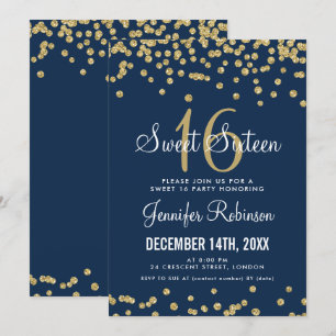 Sweet 16 Party Gold & Navy Glitter Confetti Invitation