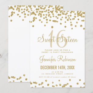 Sweet 16 Party Gold & White Glitter Confetti Invitation