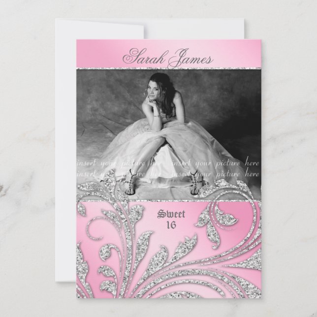 Sweet 16 Party Grad Glitter Leaves Pink Invitation (Front)