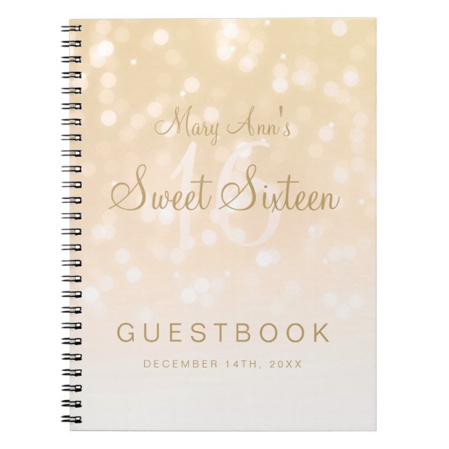 Sweet 16 Party Guestbook Gold Bokeh Sparkle Lights Notebook (Front)