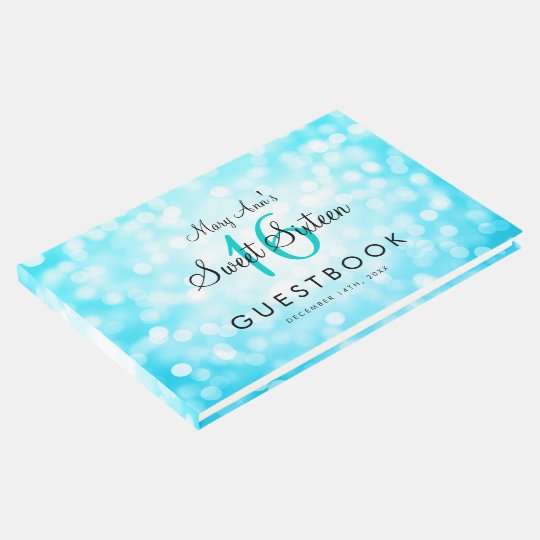 Sweet 16 Party Guestbook Turquoise Glitter Lights