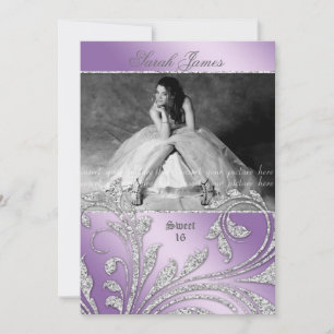 Sweet 16 Party Invite Glitter Leaves Mauve Purple
