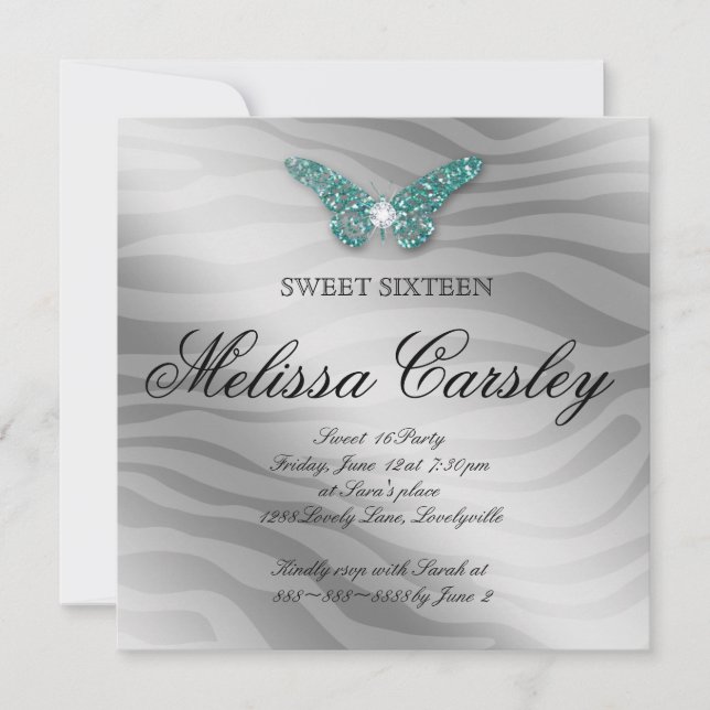 Sweet 16 Party Invite Jewellery Butterfly Zebra Te (Front)