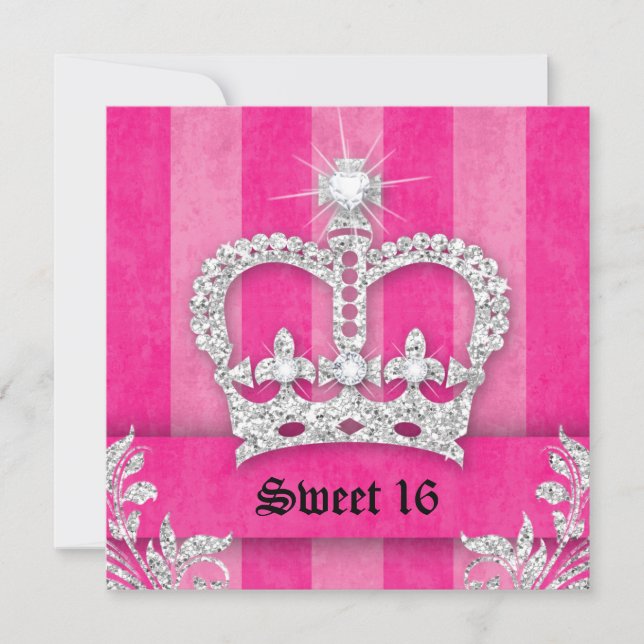 Sweet 16 Party Invite Pink Stripes Crown Tiara (Front)