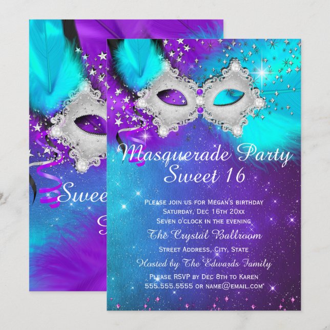 Sweet 16 Party Mask Teal Purple Silver Masquerade Invitation (Front/Back)