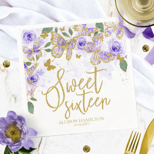 Sweet 16 Party Napkins Purple Butterfly Floral
