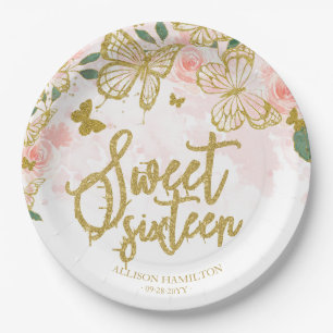 Sweet 16 Party Paper Plate Blush Butterfly Floral
