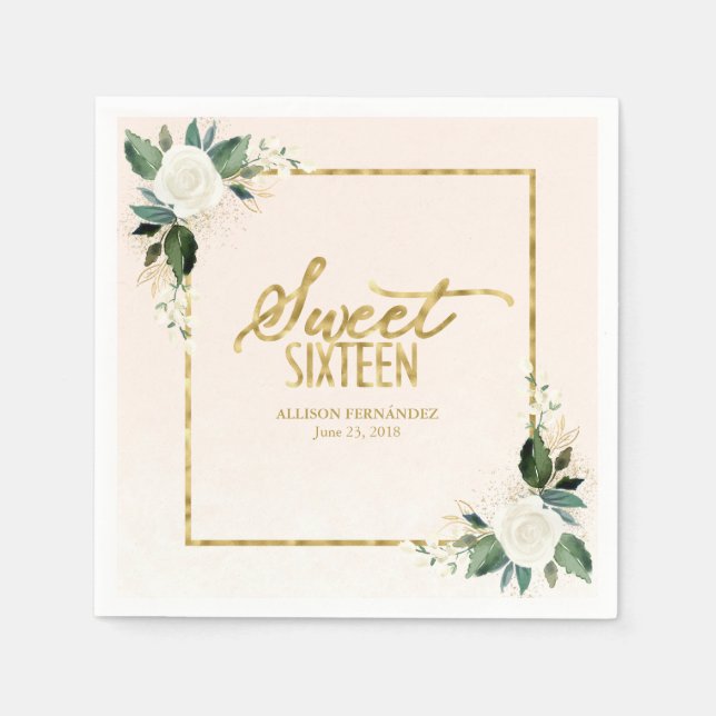 Sweet 16 Party Pink Gold Foil Floral Napkins (Front)