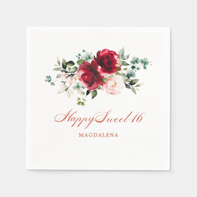 Sweet 16 Party Pink Red Floral Custom Napkin (Front)