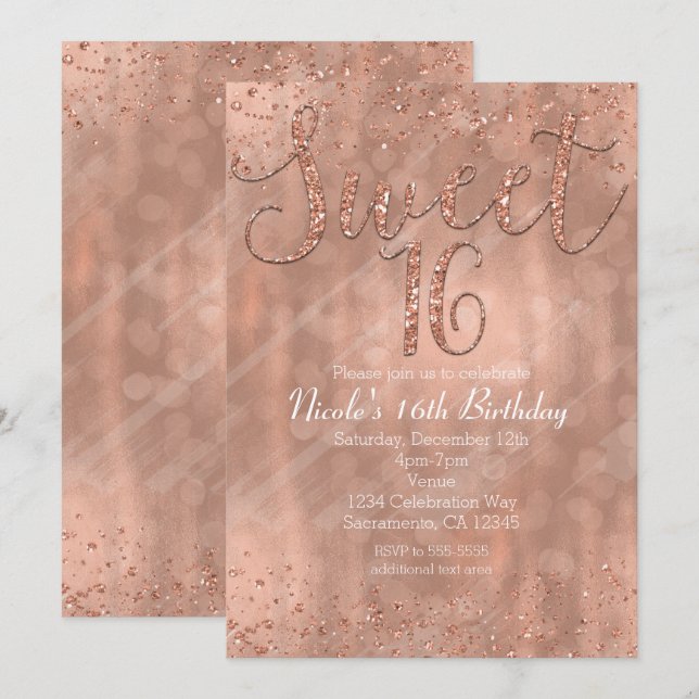 Sweet 16 Party Pink Rose Gold Glamour Invitations (Front/Back)