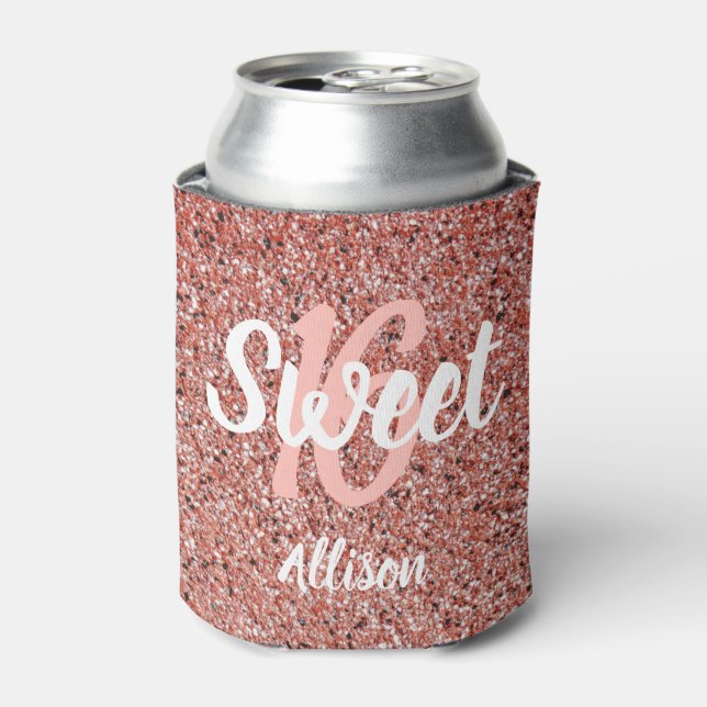 Sweet 16 Party Pink Rose Gold Glitter Personalized Can Cooler (Can Front)