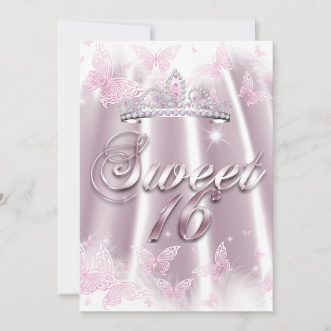 Sweet 16 Party Pink White Tiara Butterfly Silk Invitation (Front)