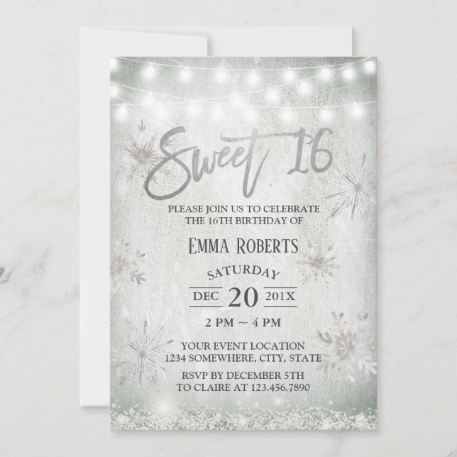 Sweet 16 Party Rustic Winter Snowflakes Invitation (Front)
