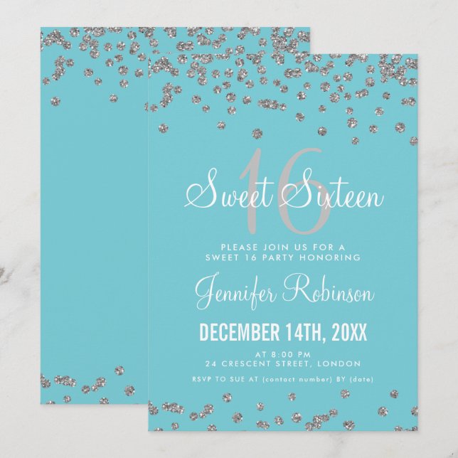 Sweet 16 Party Silver & Blue Glitter Confetti Invitation (Front/Back)