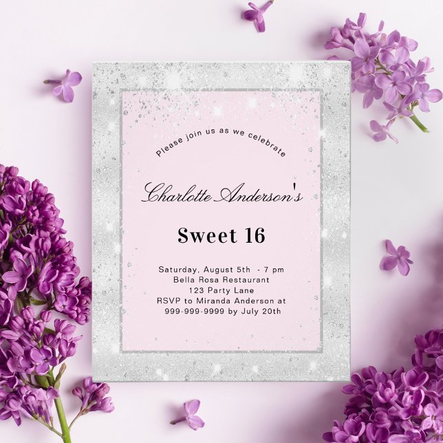 Sweet 16 party silver blush pink glitter budget flyer (Creator Uploaded)