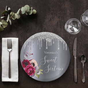 Sweet 16 party silver floral burgundy paper plate