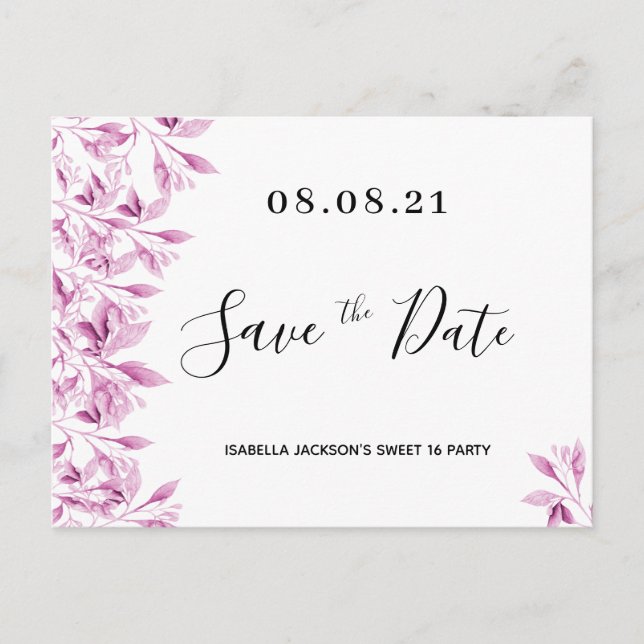 Sweet 16 party white pink florals save the date postcard (Front)
