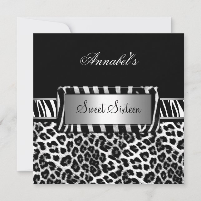 Sweet 16 Party Zebra Black White Leopard Invitation (Front)