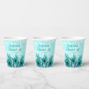 Sweet 16 Peacock Feathers Blue Teal Glitter  Paper Cups