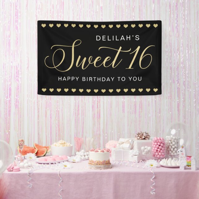 Sweet 16 Personalized Black Gold Happy Birthday Banner (Party)