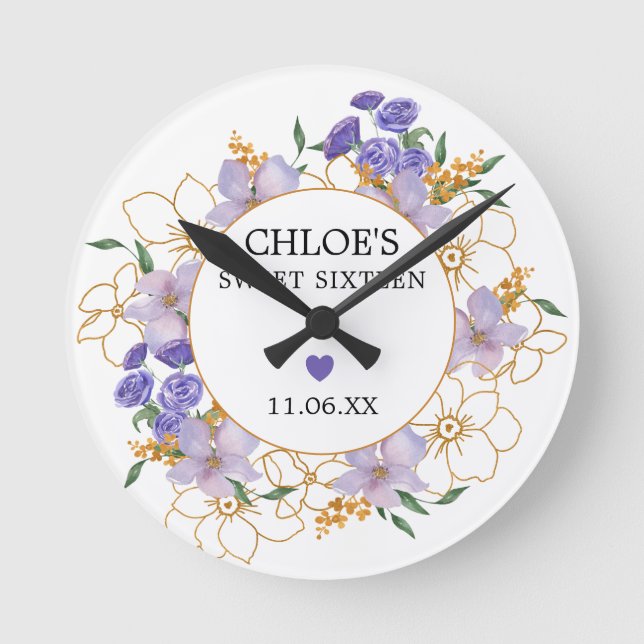Sweet 16 Personalized Gift Purple Gold Floral Round Clock (Front)