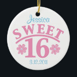 Sweet 16 Personalized Ornament<br><div class="desc">Life couldn't be sweeter when you're just sixteen. Celebrate your special young lady as she comes of age with our pretty pink text and sweet flowers ornament. Perfect sixteenth birthday keepsake gift. Also on T-shirts,  apparel,  mugs,  tote bags and more! PinkInkArt original!</div>