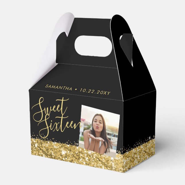 Sweet 16 Personalized Photo Black Gold Favor Box (Front Side)