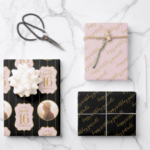 Sweet 16 Personalized Photo Name Pink Black Wrapping Paper Sheet