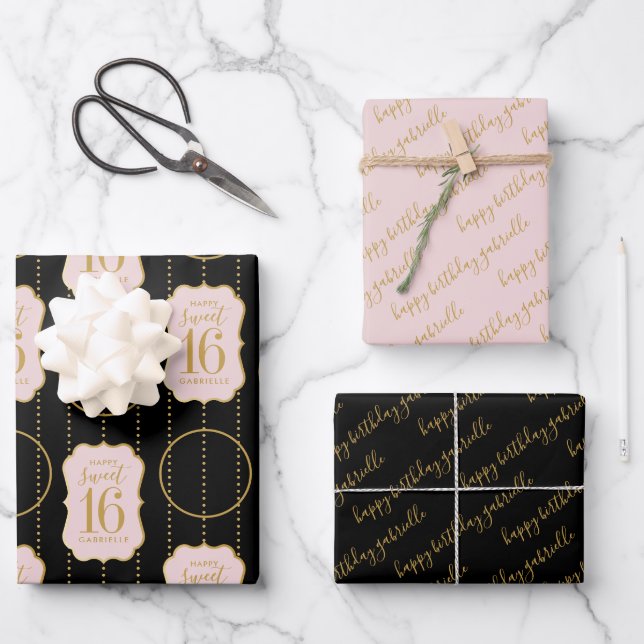 Sweet 16 Personalized Photo Name Pink Black Wrapping Paper Sheet (Front)