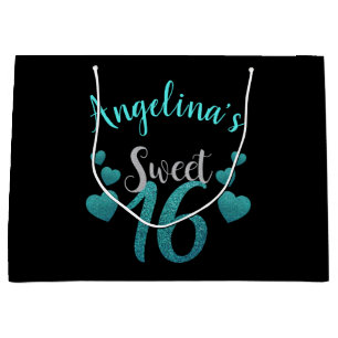Sweet 16 Personalized Turquoise Glitter Script Large Gift Bag