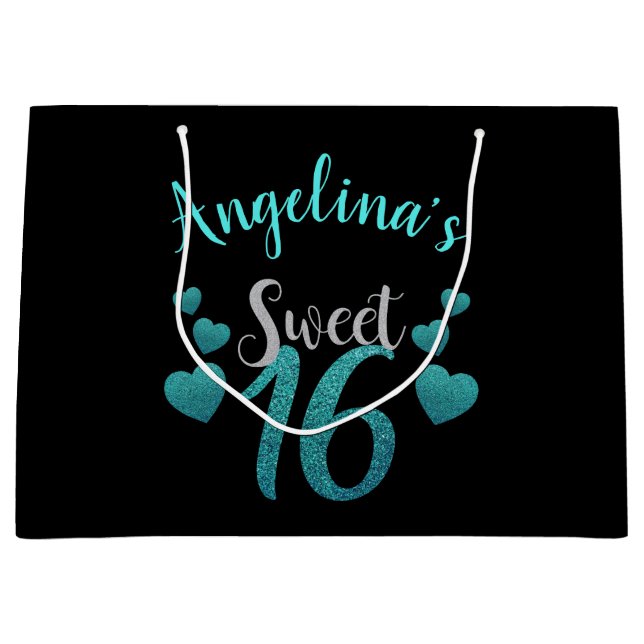 Sweet 16 Personalized Turquoise Glitter Script Large Gift Bag (Front)