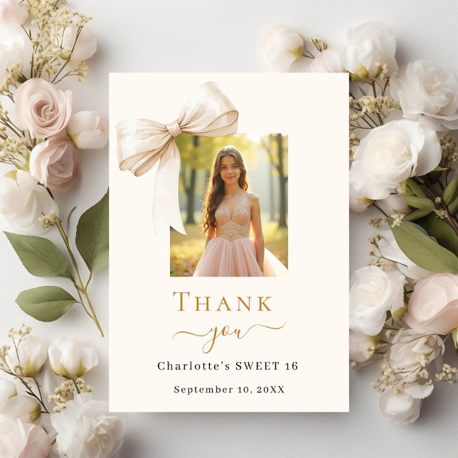 Sweet 16 photo bow cream thank you card (Creator Uploaded)